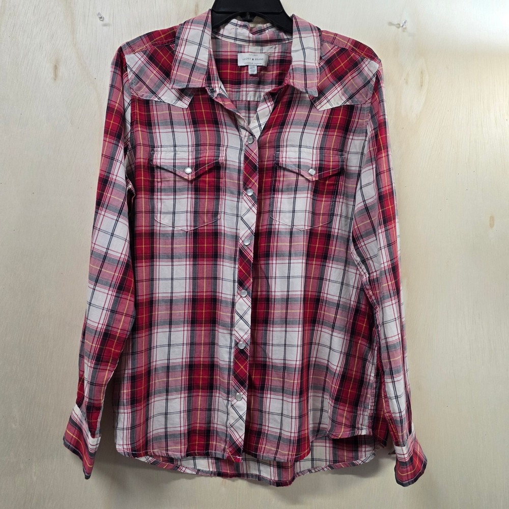 Lucky Brand Womens Red Plaid Western Snap Button Long Sleeve Shirt Large